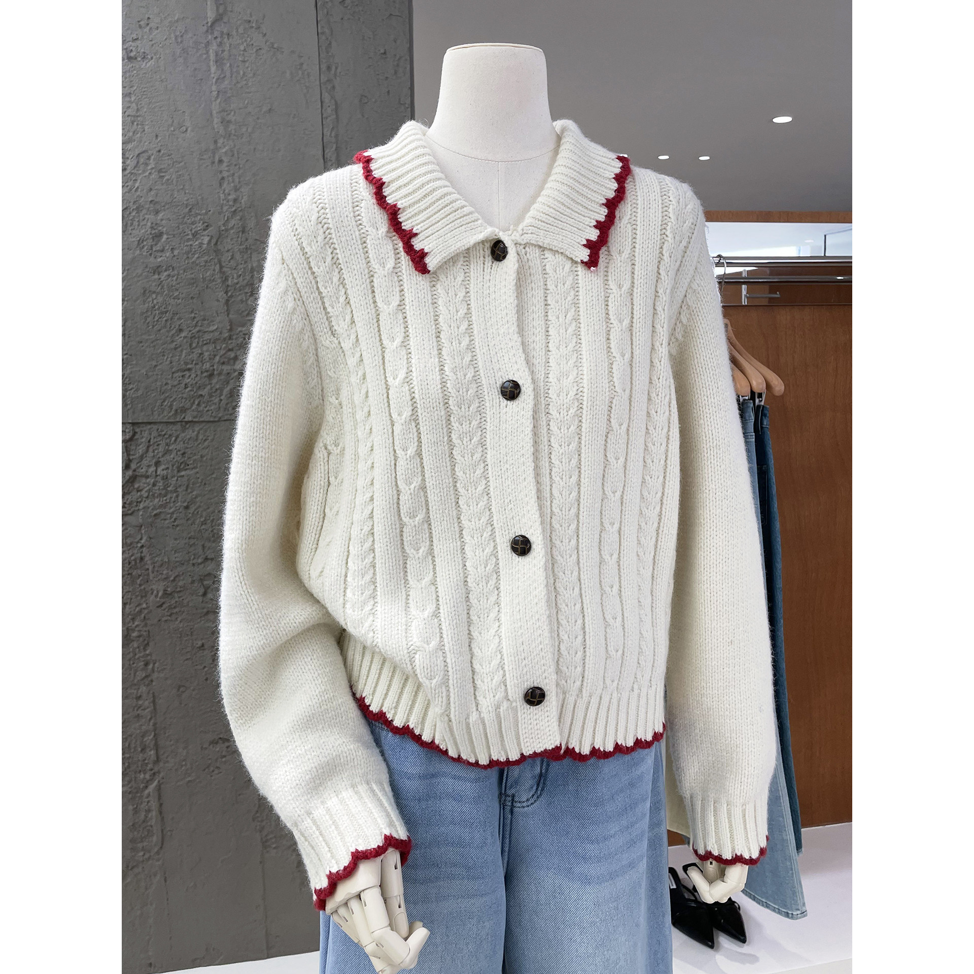 拼色Polo翻领甜美风麻花毛衣开衫