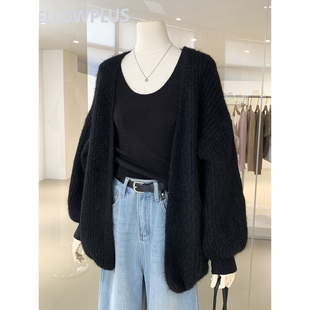 淡人感慵懒风黑色毛衣开衫外套宽松显瘦中长款保暖针织衫秋冬穿搭
