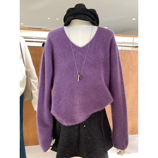 蓬松软糯云感羊绒拉毛宽松V领毛衣秋冬新款韩系简约风保暖针织衫