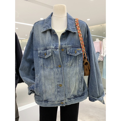 经典复古港风翻领宽松牛仔外套女