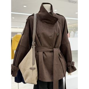 高级麂皮绒中长款 英伦风大衣配系带 外套气质立领风衣2025秋冬新款