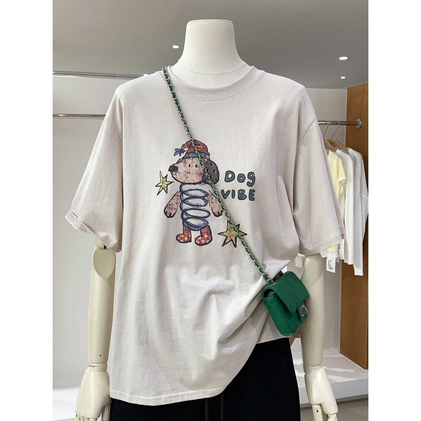 小众可爱弹簧小狗印花宽松舒适圆领短袖T恤柔软纯棉上衣夏季穿搭
