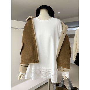 温柔甜美花边拼接圆领薄绒长袖T恤宽松舒适保暖精致漂亮的小上衣