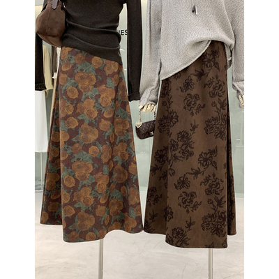 轻复古风花朵印花麂皮绒半身裙女