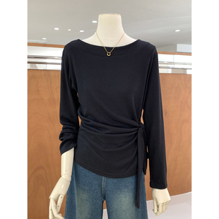 早春韩女气质船型领长袖 褶皱绑带收腰设计感显瘦上衣 T恤2026新款