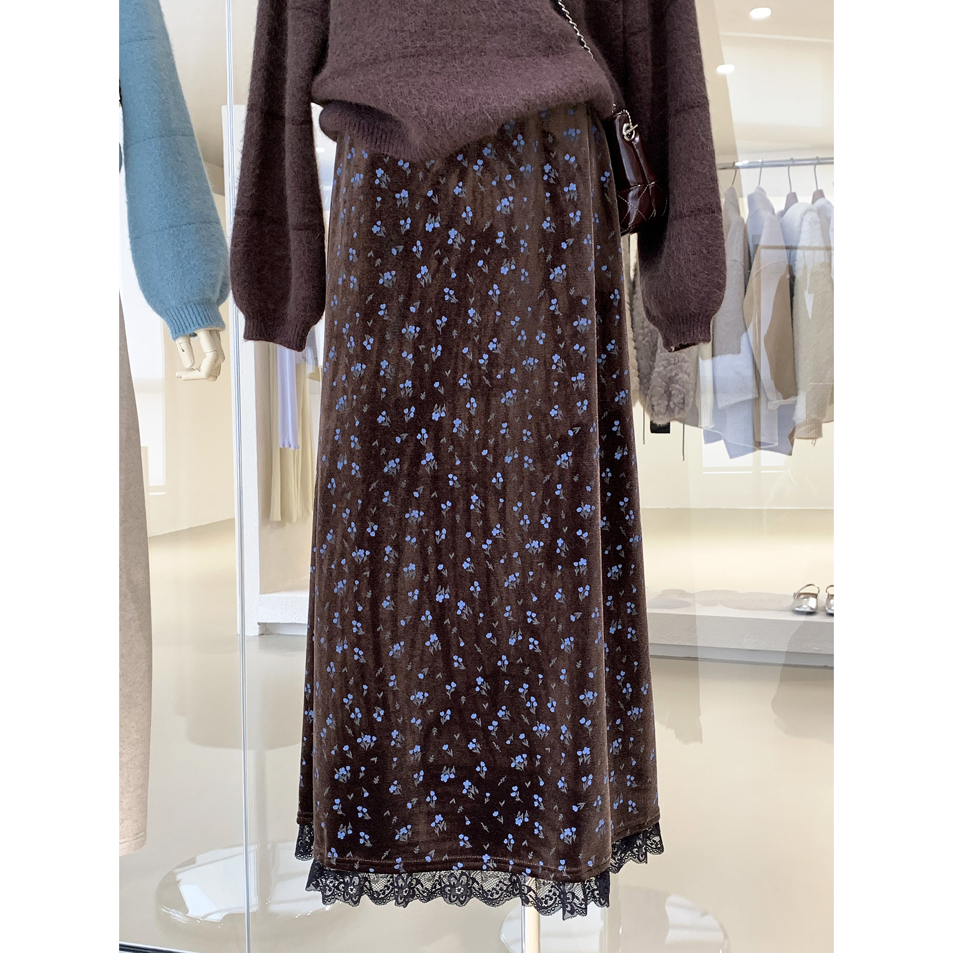 复古田园风中长款碎花加绒半身裙