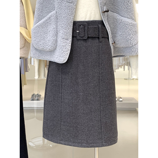 韩系高质感通勤风毛呢半身裙2025秋冬新款 柔软有型A字中裙配腰带