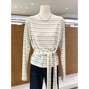 新独特洋气女人衫 慵懒显瘦绑带收腰设计船领条纹长袖 上衣2026春季