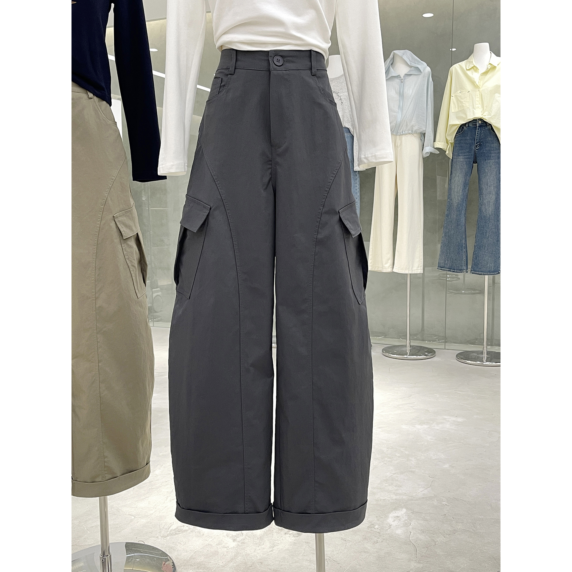 美式街头风高腰阔腿工装裤