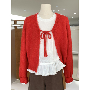 慵懒甜美系带V领毛衣开衫秋冬新款洋气显白本命年红色针织衫上衣