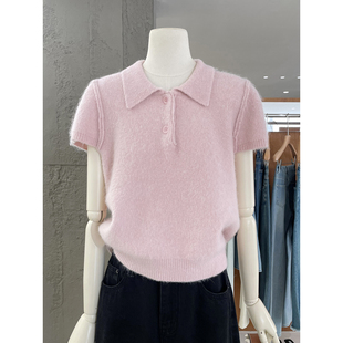 温柔奶fufu兔毛Polo领短袖针织衫2025秋冬新款软糯舒适中短款上衣