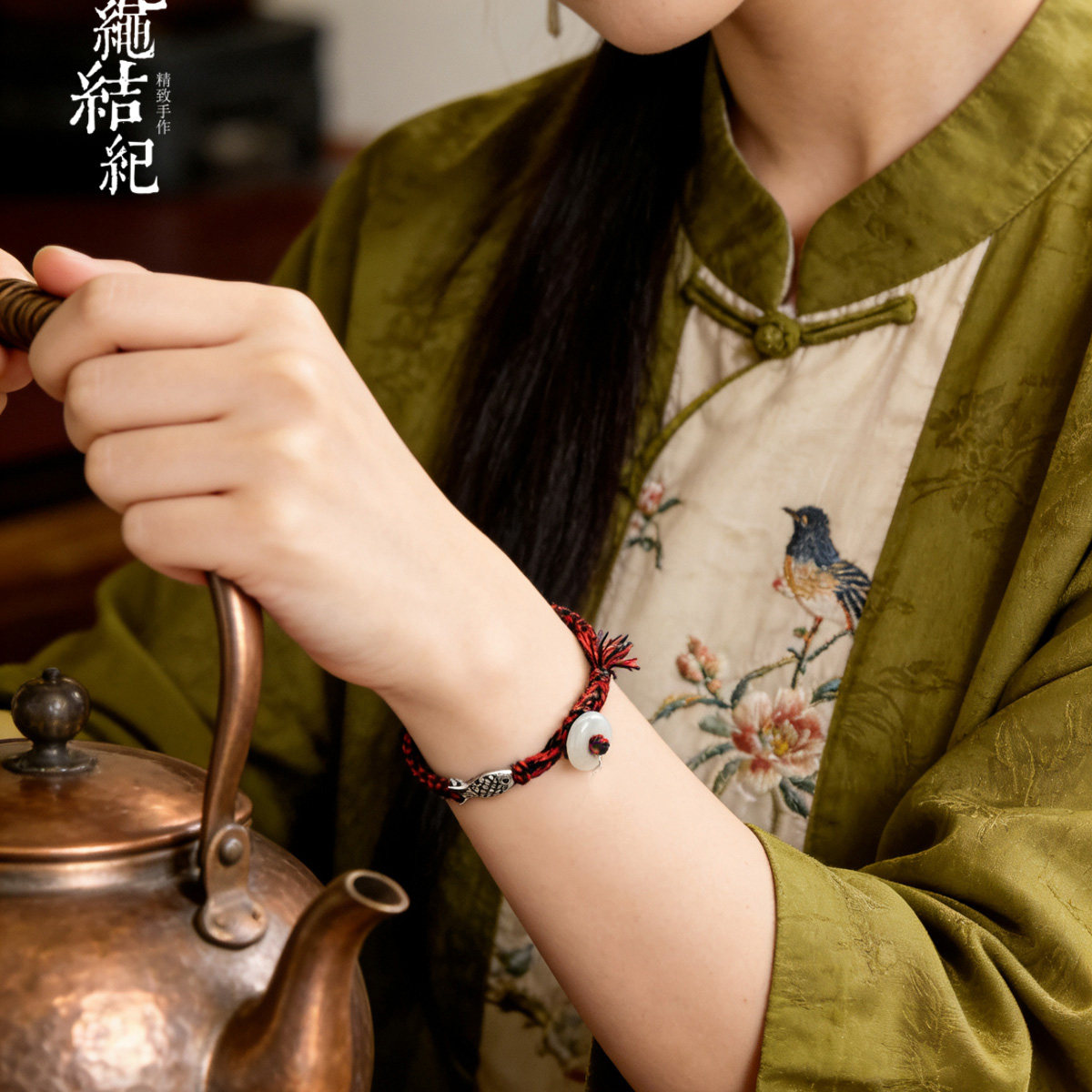  新中式红黑男女手绳翡翠平安扣纯银鱼配饰本命年手绳脚绳送女友