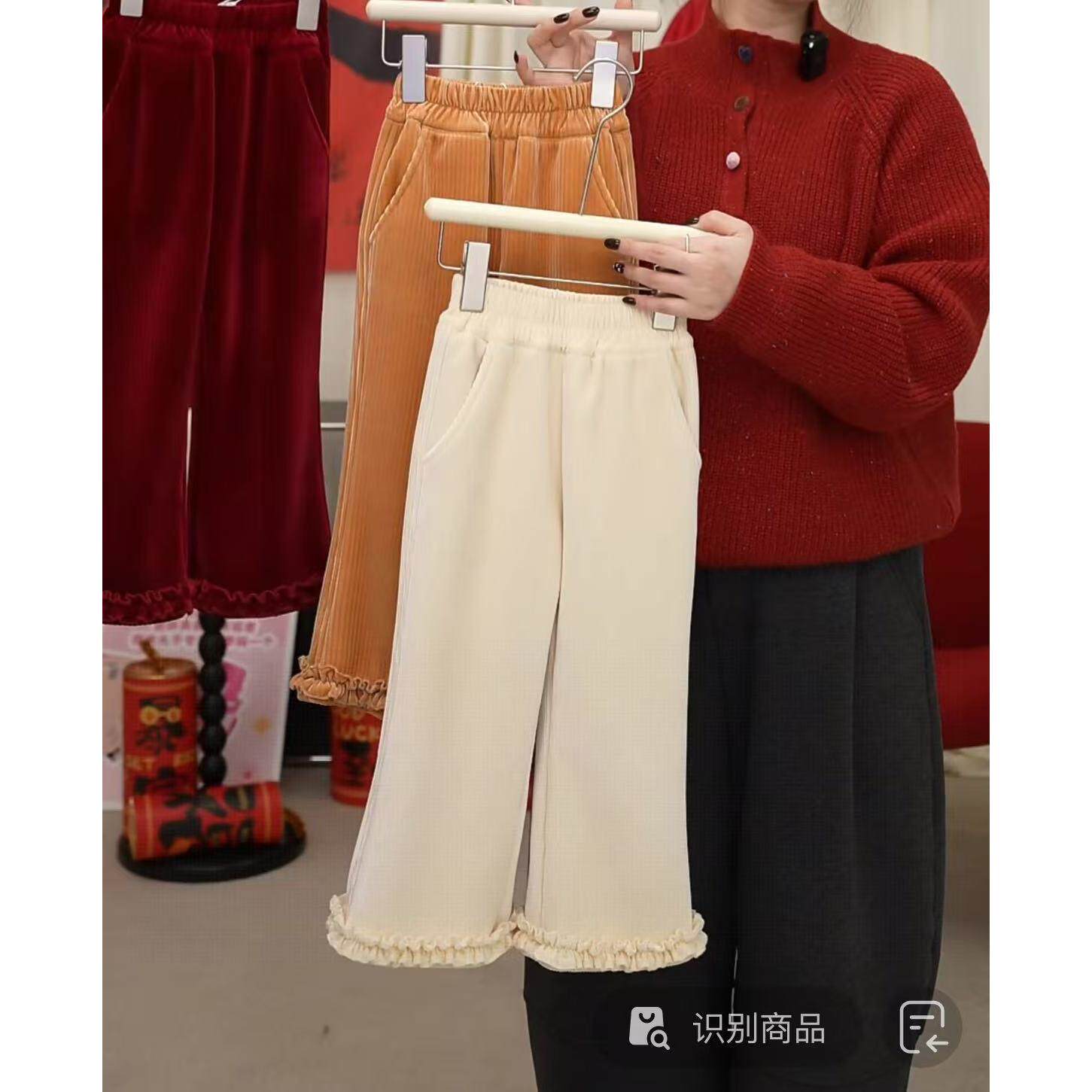 糯米丸子童装女童灯绒芯长裤2025冬款儿童百搭加厚纯色木耳边裤子