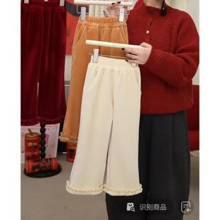 糯米丸子童装女童灯绒芯长裤2025冬款儿童百搭加厚纯色木耳边裤子