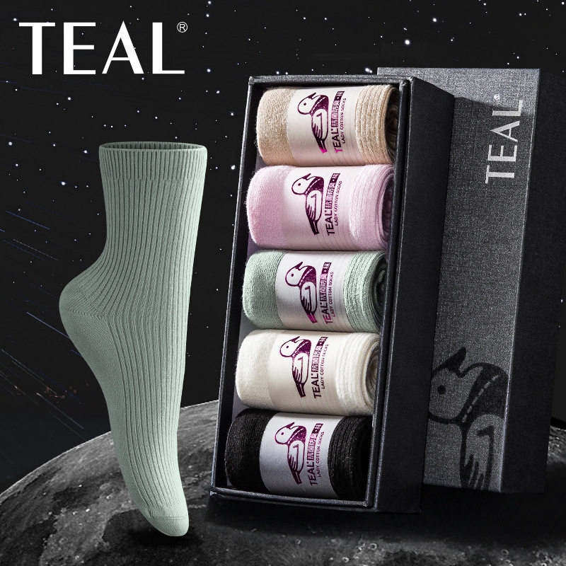 teal全棉条纹双针四季中筒袜