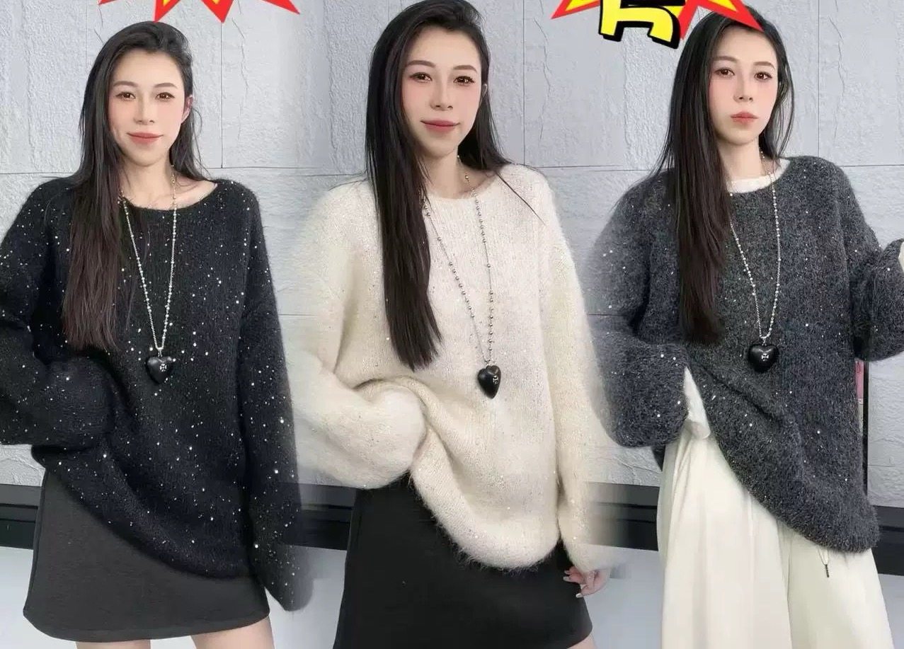 2026秋冬新款韩版宽松显瘦圆领亮片针织衫女百搭毛衣打底上衣,女装/女士精品,大码内搭,淘宝优惠券,粉丝福利购,淘宝优惠卷