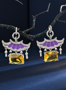 S925银针微镶锆石耳环轻奢气质优雅国风设计紫色屋顶耳饰日常