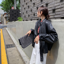 夹克外套 EKOOL黑色机车pu皮衣女秋2019新款 帅气BF风宽松立领短款