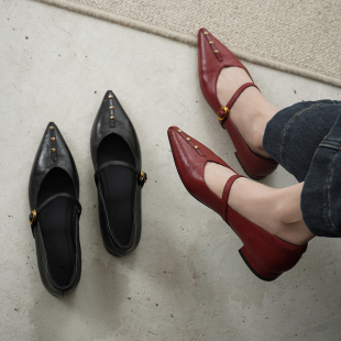 轻奢气质女鞋 软羊皮2cm低跟 女浅口玛丽珍鞋 复古尖头铆钉单鞋 法式