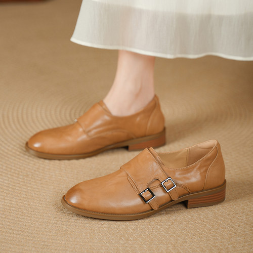 头层牛皮3cm粗跟~复古英伦风深口单鞋女中跟皮带扣乐福鞋休闲百搭