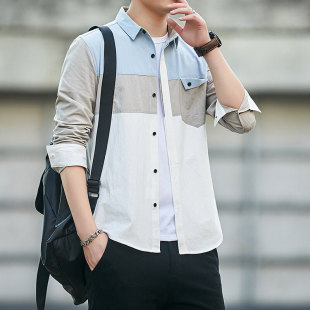 长袖 日系寸衫 纯棉休闲男士 秋季 衬衫 拼接青年男式 纯色工装 男潮 新款