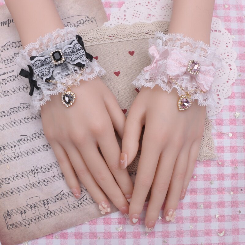 BEADS HANDMADE SWEET CUTE LACE RIBBON CHAIN RHINESTONE LOVE PENDANT SOFT GIRL BRACELET SLEEVE WOMAN