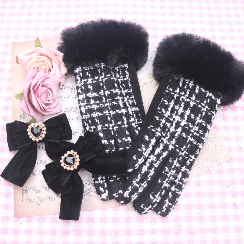 BEADS HAND-MADE SWEET LADY LITTLE FRAGRANCE TEMPERAMENT VELVET BOW DECORATION TERRY GIRLS FINGER GLOVES WINTER