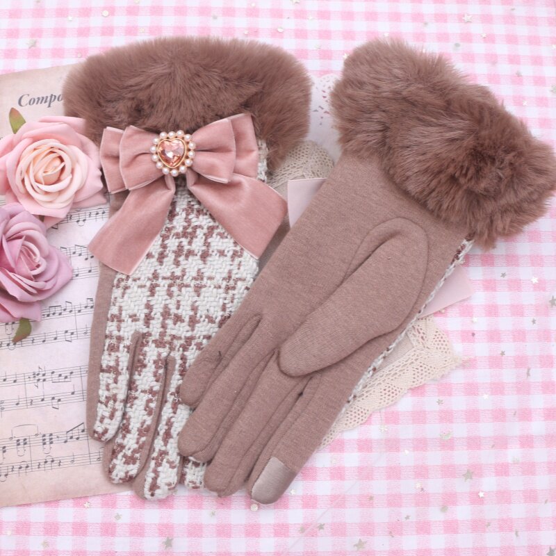 BEADS HAND-MADE SWEET LADY LITTLE FRAGRANCE TEMPERAMENT VELVET BOW DECORATION TERRY GIRLS FINGER GLOVES WINTER