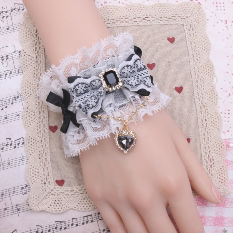 BEADS HANDMADE SWEET CUTE LACE RIBBON CHAIN RHINESTONE LOVE PENDANT SOFT GIRL BRACELET SLEEVE WOMAN
