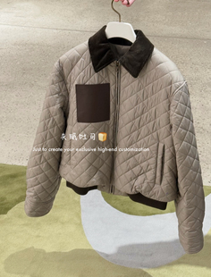 BREAD进口定制面料 25K秋冬压印皮标翻领菱格绗缝棉服上衣外套女