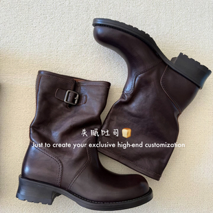粗跟短靴 平底褶皱皮带扣时装 马丁靴 25K秋冬 BREAD进口胎牛皮