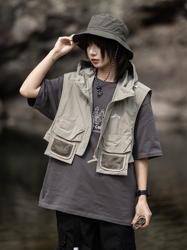 徐洛淇 2024夏季新款山系户外连帽无袖马甲外套男潮印花工装外套,男装,常规马甲,淘宝优惠券,粉丝福利购,淘宝优惠卷