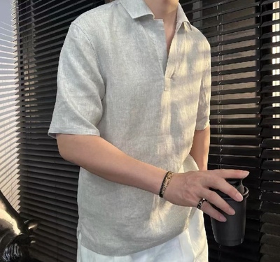 100%汉麻雨露夏季男装上衣时髦简约休闲纯色短袖衬衫高端痞帅风