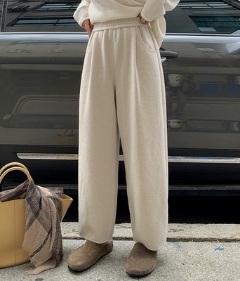 版型太赞了！加厚加绒毛呢棉深灰色松紧腰女2025松弛感休闲裤子