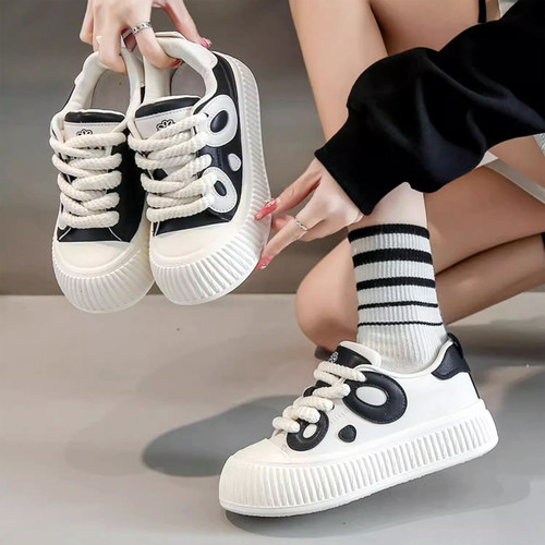 森马撤柜 可爱风熊猫浅口粗鞋带 不磨脚舒适休闲鞋 乳胶鞋垫板鞋