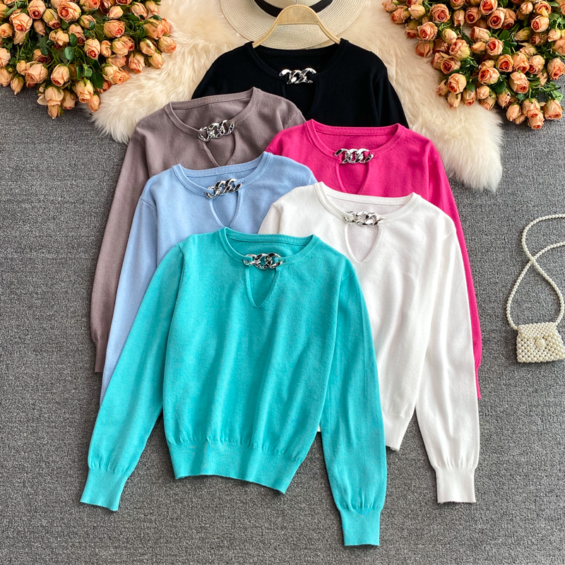 2021 autumn and winter Korean version new design sense chain slim knit sweater foreign style short long sleeve top