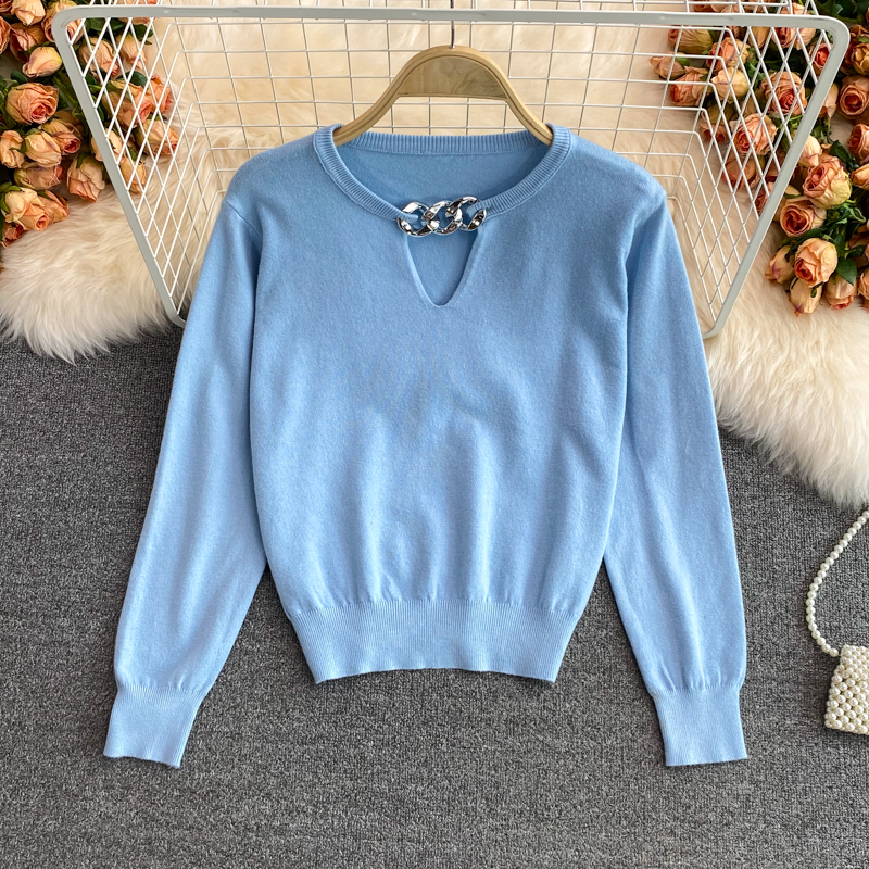 2021 autumn and winter Korean version new design sense chain slim knit sweater foreign style short long sleeve top