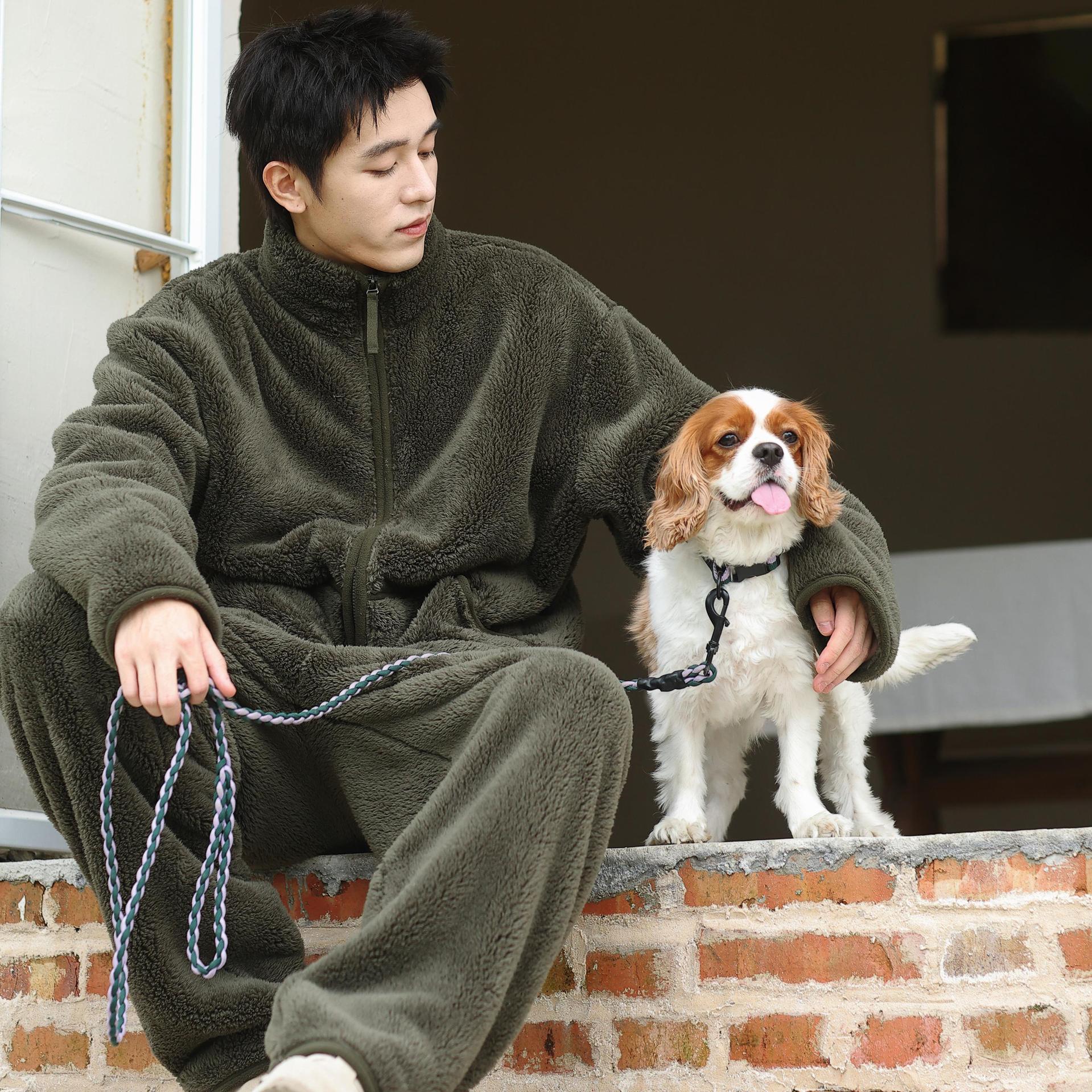 2025新款睡衣男款秋冬加厚保暖珊瑚绒半边绒休闲家居服套装可外穿