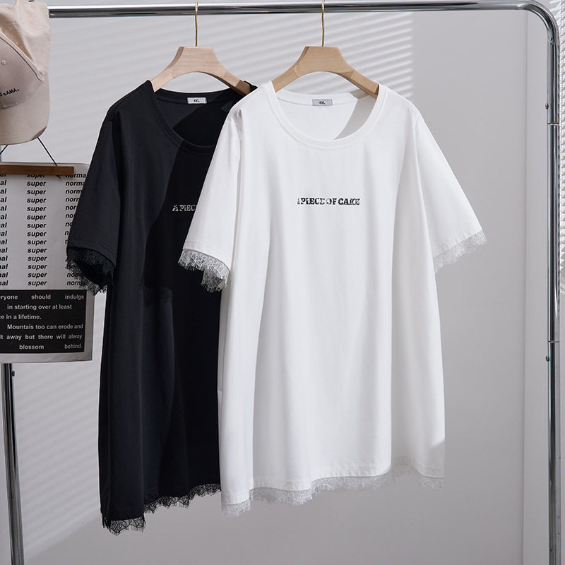 胸围150超大码女装夏女装胖mm300斤短袖T恤遮肉显瘦蕾丝拼接上衣