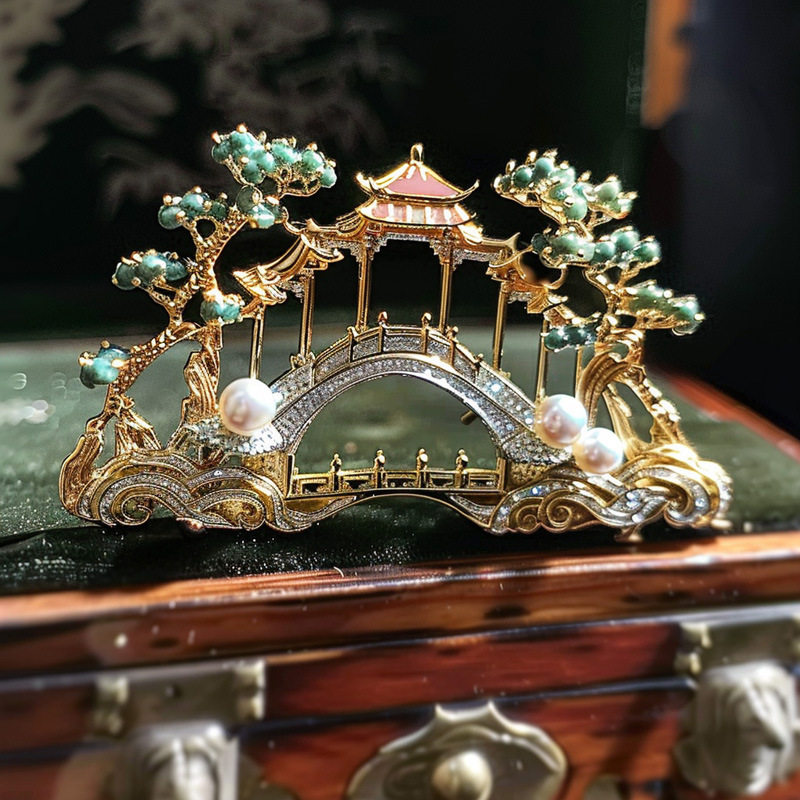 千族银原创珍珠珐琅凉亭小拱桥金属首饰古董工艺品家居摆件