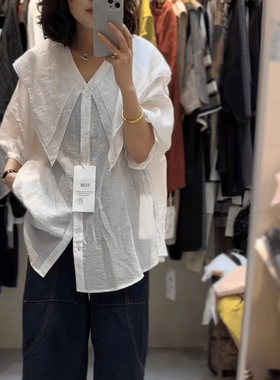 简一7220肌理感面料双层海军领宽松遮肉五分袖衬衫大版显瘦上衣