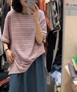 慵懒风短袖 宽松大版 上衣 新款 简一3156复古条纹拼色圆领T恤女夏季