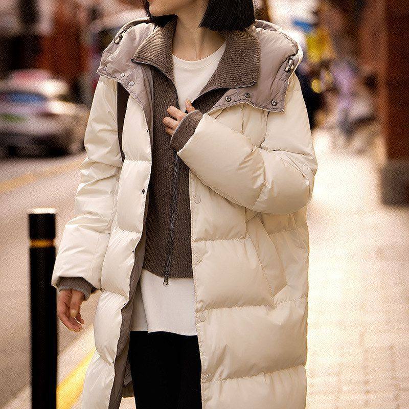 中长款绒冬季新款连帽大朵鹅绒白雪见服95鹅绒女装羽绒服假两件