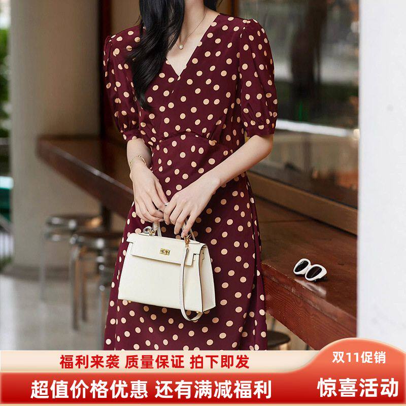 桑蚕丝V绉双 高腰茶歇裙短袖真丝中长款女装裙子波点夏季连衣裙领