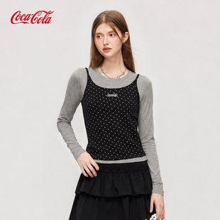 Coca-Cola可口可乐秋冬女波点吊带T恤两件套修身显瘦打底上衣套装