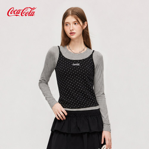 Coca-Cola可口可乐秋冬女波点吊带T恤两件套修身显瘦打底上衣套装