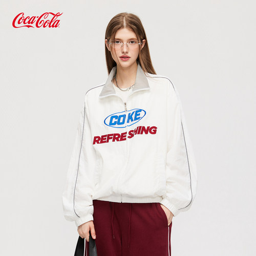Coca-Cola/可口可乐夹克女秋美式立领休闲运动肌理感宽松外套男秋