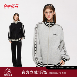Coca-Cola/可口可乐秋季卫衣套装女星星织带美式立领夹克男两件套