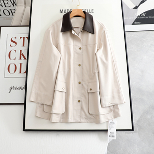 伊系の巴恩风撞色皮领风衣式短外套女2025秋季新款复古潮流外套女