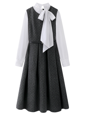 影系の时尚气质系带长袖衬衫+收腰显瘦无袖波点背心连衣裙套装女